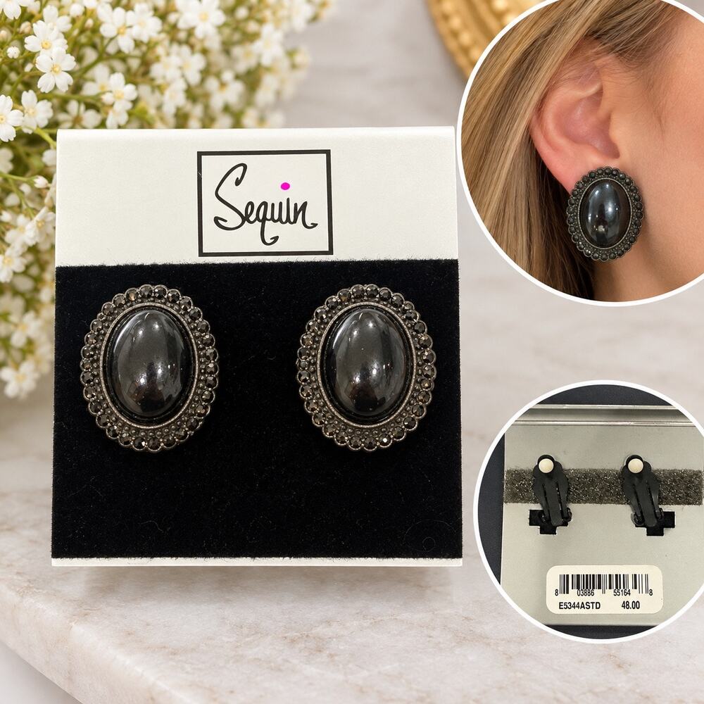 $48 Nordstrom Sequin black CZ statement stud clip on earrings NWT cabocbon gift